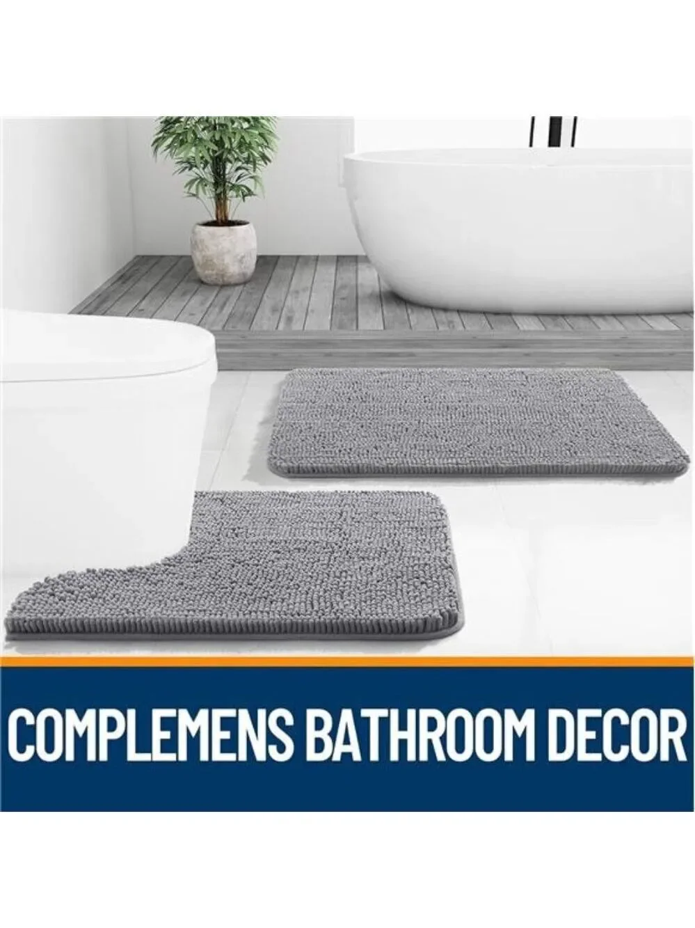 Chenille Toilet Rug U Shaped Bath Mat Soft Absorbent Non Slip Bathroom Rug Grey